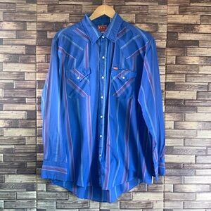Mens Vintage Ely Plains Western Pearl Snap Shirt Blue Stripe XL 17/34